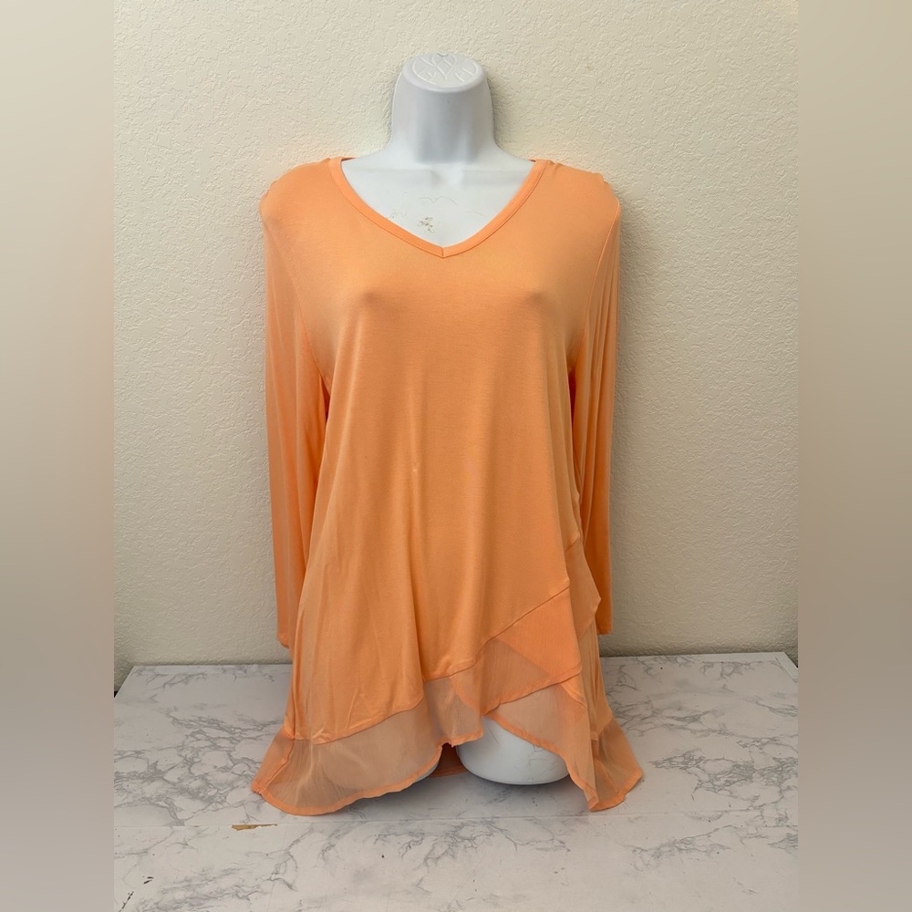 New Directions Shirt Womens PM Petite Lace Tunic Boho Long Sleeve Orange